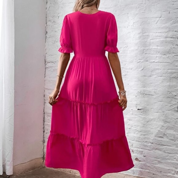 HOT PINK V-Neck Frill Trim Dress - Picture 3 of 7